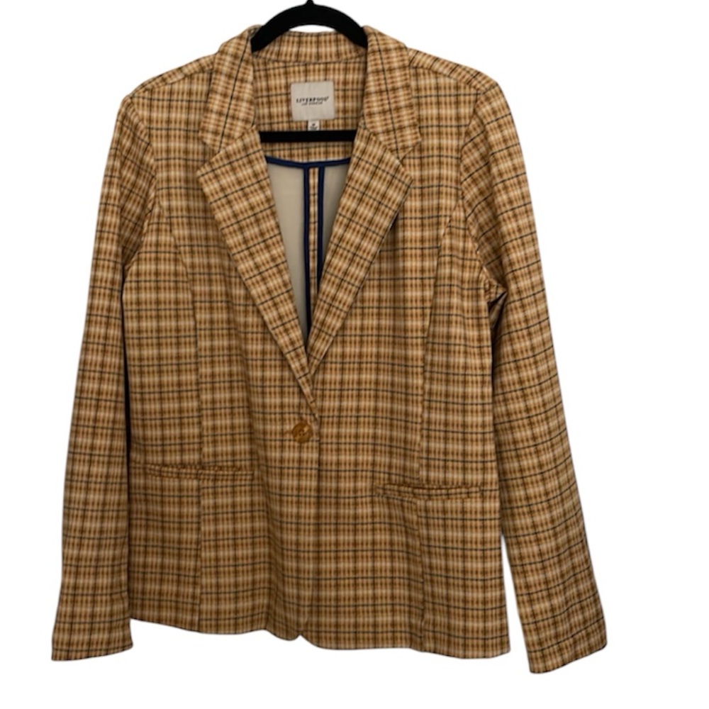 NWOT Liverpool tan gold blue plaid boyfriend blazer